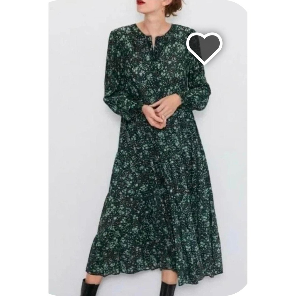Zara Black Green Ditsy Floral Tiered Maxi Dress V-Neck Long Sleeve Medium Boho